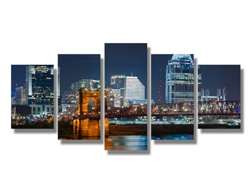 5 Pieces Cincinnati Skyline Wall Art John A. Roebling Suspension Bridge Wall Decor Ohio River Panoramic Home Decor Framed Wall Art for Living Room, Bedroom, Bathroom Ready to Hang 20X40 INCH