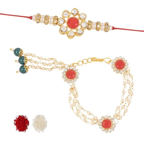 Image of I Jewels Designer Kundan & Pearl Hanging Bhaiya Bhabhi Lumba Rakhi Combo Set with Roli Chawal and Rakshabandhan Card (R014R-G-CO)