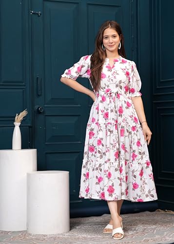 Image of Monique Brand Women's /Girls Cotton Kurta for Women Floral Printed Regular Fit Anarkali Kurta ||Floral Flared Western Dress