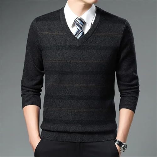 Men’S V-Neck Pullover Sweater Striped Patchwork Loose Fit Casual Long Sleeve Thick Knitted Top4