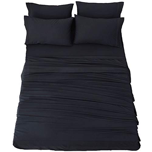 Image of SONORO KATE Bed Sheet Set Super Soft Microfiber 1800 Thread Count Luxury Egyptian Sheets 18-Inch Deep Pocket,Wrinkle and Hypoallergenic-6 Piece (Black, California King-6 Piece)