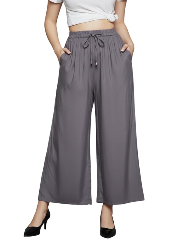 Image of Super Soft Viscose Rayon Flared Palazzo Pants for Women Stylish Wide Leg Straight Relaxed Fit Casual Ethnic Office Wear