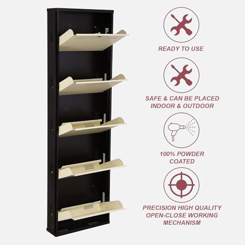 Image of Metal Shoe Rack Wall Mounted for Home with Central Locking 5 Door 20 inch Wall Mounted Metal 10 Pair Shoe Rack Cabinet Pre-Assembled Rack Shelves |3 Year Warranty (Brown & Ivory)