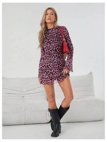 Image of Milumia Women's Leopard Print Mini Dress Y2k Bell Long Sleeve Cheetah Short Dresses Going Out Party Clubbing Outfits