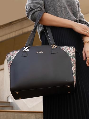 Image of ZOUK Printed Jute Handcrafted Vegan Leather Black Women's Check-point Friendly Classic Business Bag