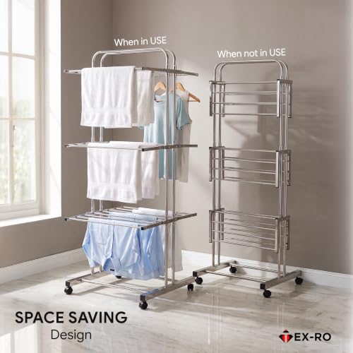 Image of TEX-RO 3 Layer Stainless Steel Clothes Drying Stand with Wheels - Heavy Duty Rust-Proof Foldable Cloth Dryer Stand for Balcony & Bedroom, Cloth Stand for Drying Clothes, Clothes Drying Rack