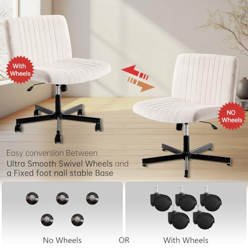 YFO Criss Cross Armless Home Office Chair with Replaceable Wheels/Fixed Base and Lumbar Support, Wide Seat Swivel Chair, Comfy Computer Chair, Beige by YFO - Image 2