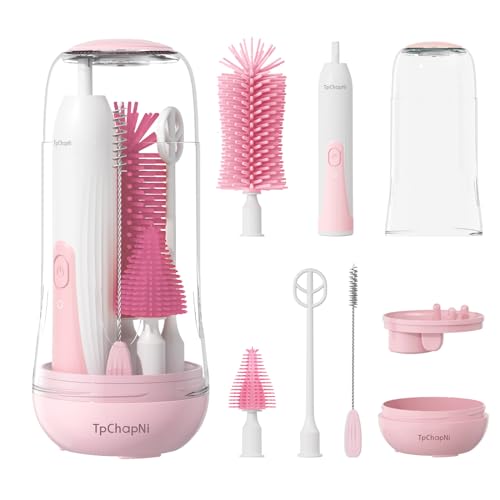Image of TpChapNi Electric Travel Baby Bottle Brush Set, Electric Bottle Brush Cleaner, Silicone Bottle, Nipple and Straw Brush, Stirring Disperser, Drainage Rack, Storage Box (Pink)