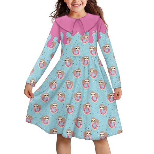 Coloranimal Sloth Doughnut Print Girls Dresses Midi Dress Peter Pan Collar Dress Fashion Printed Skater Twirly Dress with Soft Fabric Girls Casual Dresses