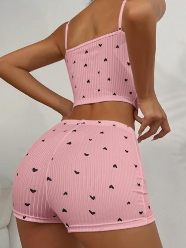 Image of Hilinker Womens Graphic 2 Piece Pajama Set Summer Cute Crop Cami and Shorts Ribbed Lounge Sets