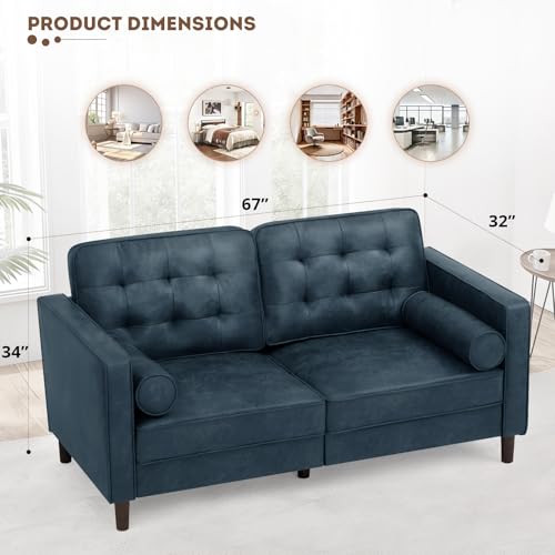 Image of 67 inch Suede Leather 2 Seater Sofa with Two Bolster Pillows, Blue | Tufted Sofa with Wooden Legs, Mordern Couch for Living Room, Office, Apartment
