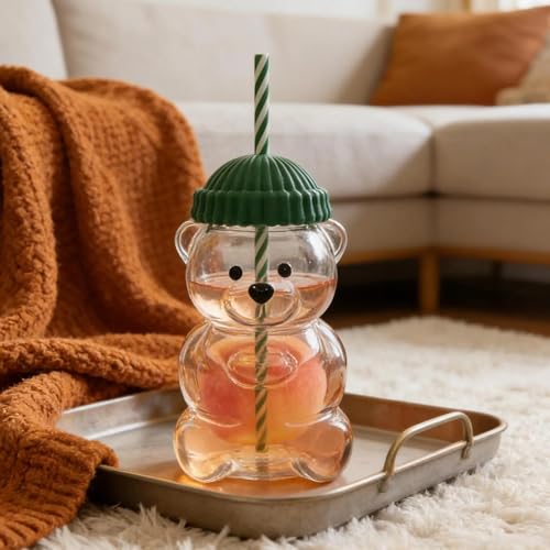 Image of New Glass Bear Straw Cup 600ML Cute Bear Glass Tumbler with Reusable Straw - Viral Animal Design for Smoothies, Boba & Iced Coffee (Orange)
