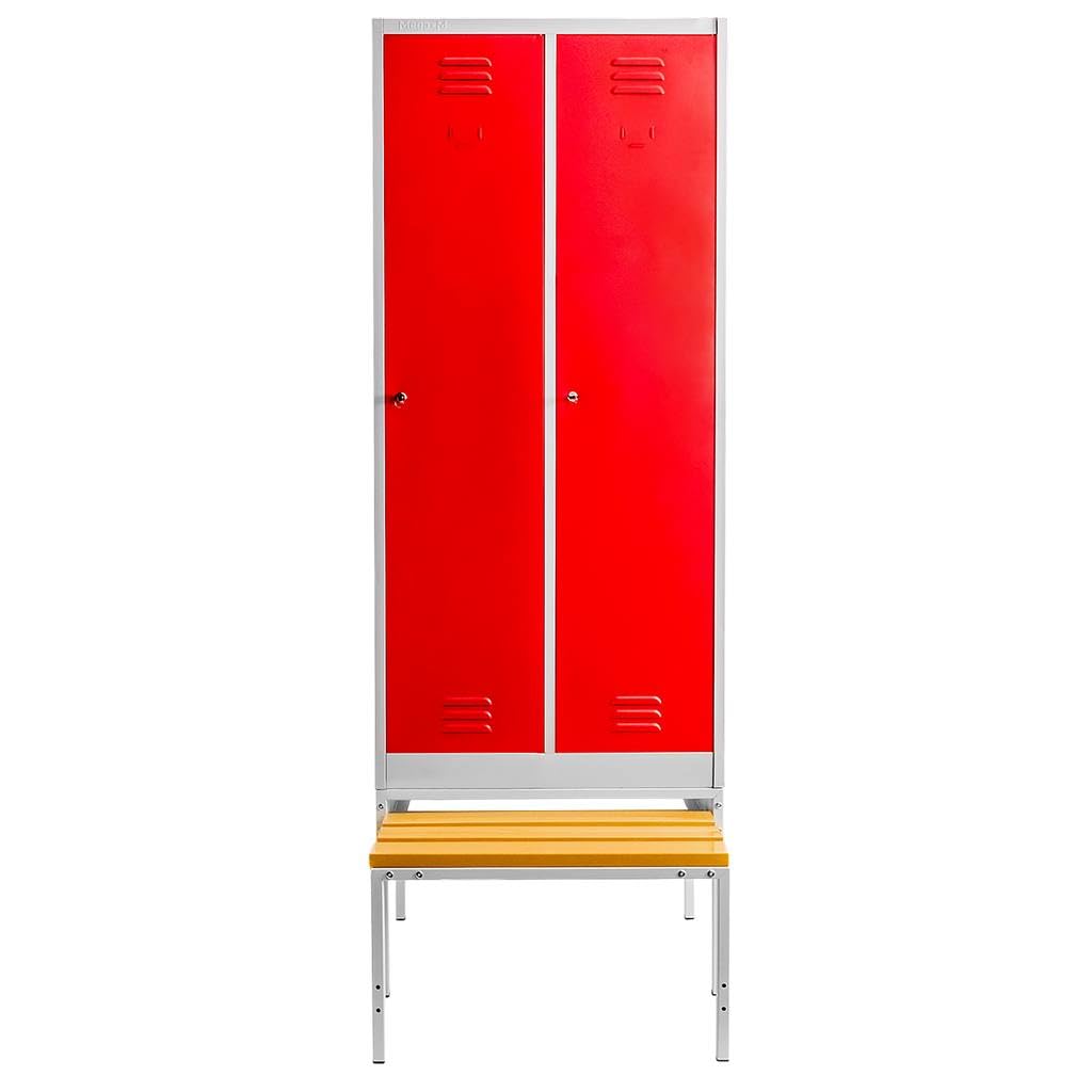 MEGA-M Podstawa do szafki BHP 80 z wysuwaną ławeczką WPC | metalowy stelaż, siedzisko chowane pod szafkę, 80 × 80 × 43 cm, do szatni i pomieszczeń socjalnych