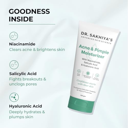 Image of Dr. Sakhiya's Acne & Pimple Moisturizer with Niacinamide, 0.5% Salicylic Acid & Hyaluronic Acid Treats Acne, Fades Dark Spots & Hydrates Skin Dermatologist Formulated 100gm