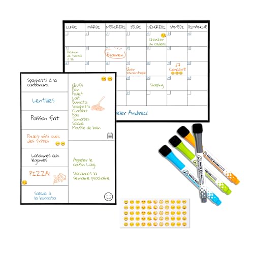 SB PACK Calendrier Magnétique Mensuel Pour Frigo A3 + Tableau Magnetique Hebdomadaire A4 + 4 Marqueurs Premium + 55 Stikers Aléatoires | Planning Frigo Magnetique pour Les Repas Familiaux