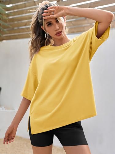 Image of Tankaneo Womens Oversized Tshirts Summer Casual Short Sleeve Crew Neck T Shirt Loose Fit Side Slit Tee Tops