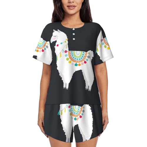 Pyjama 2 pièces femme contre la chaleur nocturne, ensemble col rond et short à poches lama