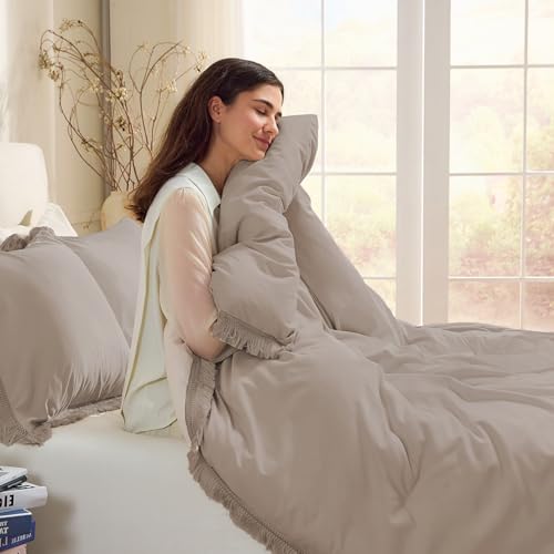 Image of Andency Comforter Full Size Set Khaki, 3 Pieces Boho Winter Lightweight Bedding Comforter Sets, All Season Tassel Bed Set (79x90In Comforter & 2 Pillowcases)
