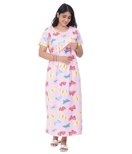 hotfits-Women-Pink-Short-Sleeve-Cotton-Nursing-Breastfeeding-Casual-Full-Length-Maternity-Dresses-for-Summer-Butterfly-Printed-XL hotfits Women Pink Short Sleeve Cotton Nursing Breastfeeding Casual Full Length Maternity Dresses for Summer - Butterfly Printed -XL