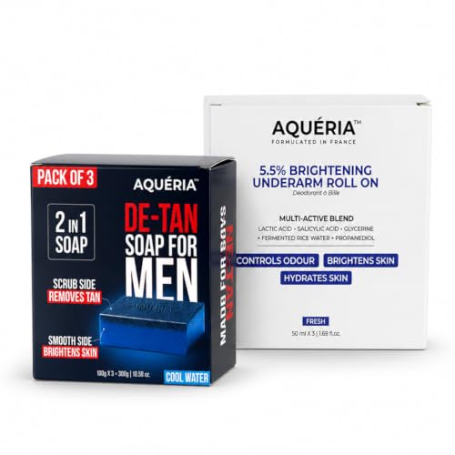 Image of Aqueria De-Tan & Brightening Bath Combo for Men & Women | 2-in-1 Bath Soap (Pack of 3, 300g) + Underarm Brightening Roll On (Pack of 3, 150ml) | Helps Reduce Tan, Dark Underarms, Pigmentation & Discoloration | Cool Water Fragrance