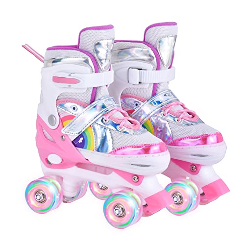 YUDOXN Roller Quad Enfant Filles et Garçons Avec 8 Roues Lumineuses, Taille Réglable (31-42) (S, SW-Rose)