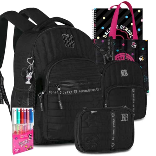 Kit Mochila RB Rebecca Bonbon Escolar Lancheira Estojo Meninas Resistente Infantil Juvenil (Preto)