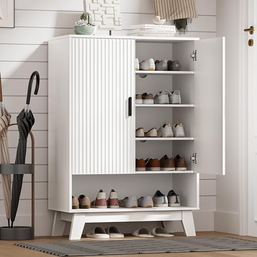 Image of Shoe Cabinet Storage for Entryway with Doors, 5 Tier Fluted Shoe Organizer with Adjustable Shelves, Entryway Shoe Storage with Wooden Legs, Freestanding Hidden Shoe Rack for Front Door Entrance, White
