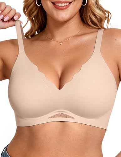 Vertvie Bras for Women Wireless Comfortable Push Up Bra Scalloped Seamless Full Coverage No Underwire Supportive T Shirt Bras(Nude,Medium)