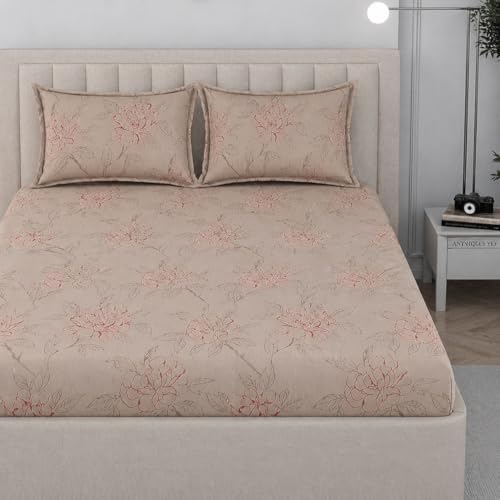 Image of 350 TC Premium Heavy Cotton Feel Elastic Fitted Bedsheet Queen Size with 2 Pillow Covers || Double Bed with All Around Elastic (Petal Pulse, Fitted - 72 inchx78 inch King)