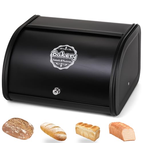 SOUJOY Countertop Bread Box, Bread Container for Kitchen, Metal Vintage Roll Top Bread Storage Holder, Black 1950s Farmhouse Rustic Bread Dispenser Bin for Dry Food Save