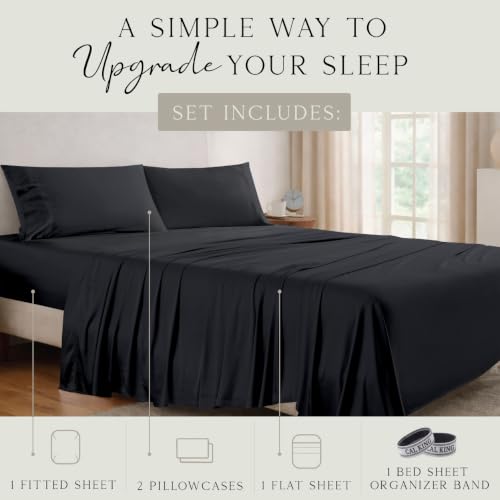 Image of KARISSA MAE Luxury Bamboo Viscose Cal King Size Sheet Set | FSC Certified | Cooling | Ultra Soft | 18 inch Deep Pockets | Elastic Corner Straps | Includes Organizer Band [Black]
