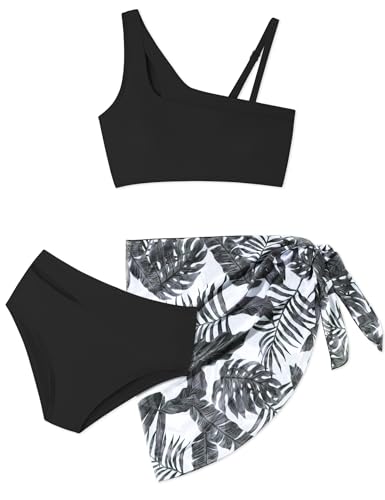 oklady Tween Girls Swimsuit, Green Cutout Top and Bottom with Tropical Floral Cover Up Skirt Girls Bathing Suit Size 9-10