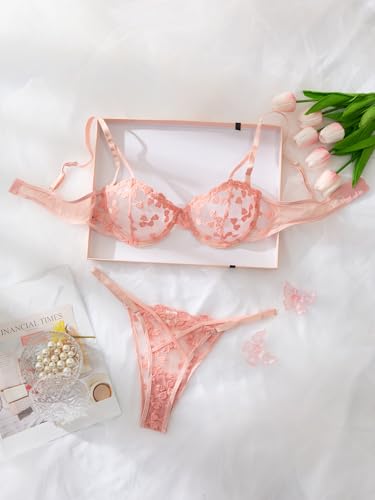 Image of Lilosy Sexy Underwire Cute Push Up Strappy Embroidered Mesh Sheer Lingerie Set See Through Panty Bra