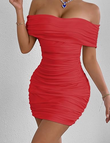 Image of Womens Off Shoulder Sleeveless Bodycon Dresses Ruched Solid Sexy Graduation Cocktail Party Mini Dresses