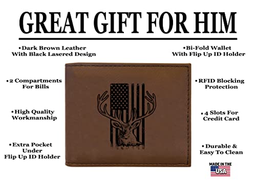 Rogue River Tactical USA American Flag Buck Hunting Men's Leather Bifold Wallet RFID Gift For Him Dad Father United States Billfold Hunt deer Hunter2