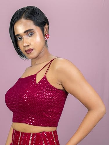 Image of FIGURE'S DESIGNER Women's Spagehtti Neck Strap Sequin Embroidered Sleeveless Readymade Saree Blouse E22
