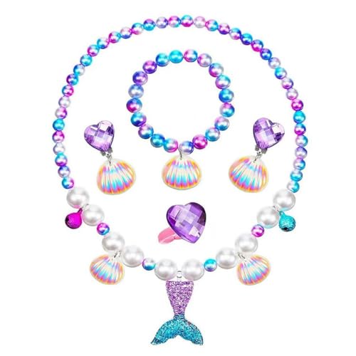 INGJIA 5 Pz Juegos de Joyería para Niñas, Sirena Pulsera y Collar Niña, Joyas Juguete Collar Pulsera Pendientes Anillo, Accesorios para Sirena Vestir para Niña 2 3 4 5 Años Navidad Regalos