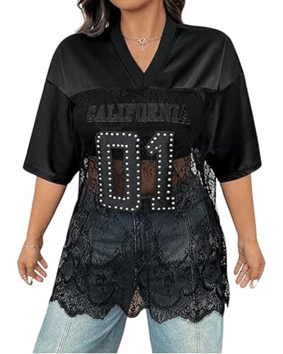 Women's Plus Size Letter Print Lace Sheer Jersey Shirt Half Sleeve V-Neck Oversized Lace Jersey Top3