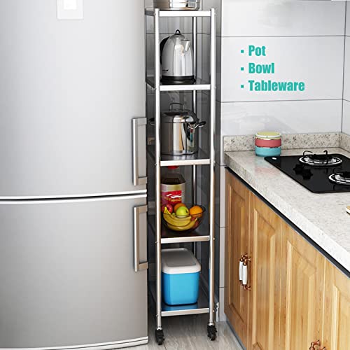 Scaffale da cucina sottile a 5 ripiani su ruote, extra alto, in acciaio inox, per piccoli spazi (26 x 40 x 147 cm) – perfetto per nizing cucina essenziale