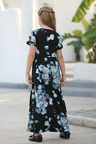 GORLYA Girl's Short Sleeve Floral Print Loose Casual Long Maxi Dress with Pockets (8Years/Height:130cm, Blue Print) - Thumbnail 2