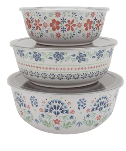 Pioneer Woman Hattie 6-Piece Bamboo Melamine Bowl Set with Lids, Multicolor