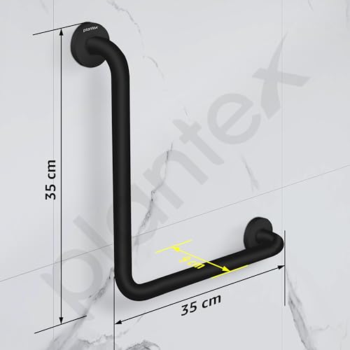Image of Plantex L-Shape Grab Bar for Toilet /Support Handle for Senior Citizen /Anti-Slip Shower Handrail - Stainless Steel, Pack of 1 (Black)
