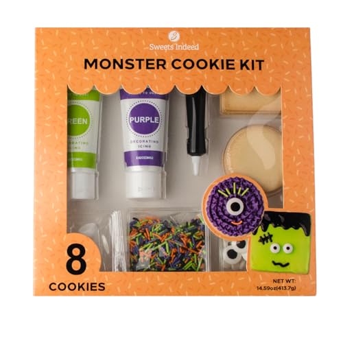 Sweets Indeed Monster Cookie Decorating Kit – 14.59 oz Halloween Cookie Kit with 8 Cookies, 2 Frosting Tubes, 1 Icing Tube, Sprinkles & Candy Eyeballs – DIY Halloween Decorating Set for Kids & Families