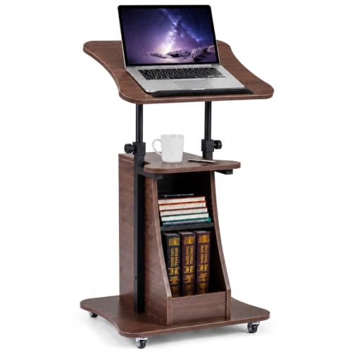 Image of POWERSTONE Sit to Stand Mobile Lectern Teacher Podium Stand Brown | Rolling Laptop Desk Cart with Storage Shelves, Casters, Swivel Top, Height Adjustable, for Classroom, Concert, Church
