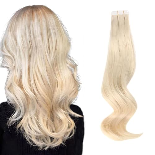 ABH AmazingBeauty Hair Tape in Hair Extensions Human Hair 18 Inch Semi-permanent Tape Attached Real Remy Human Hair Tape in Extensions 50g 20pcs Skin Weft Platinum Blonde Tape in Hair Extensions #60