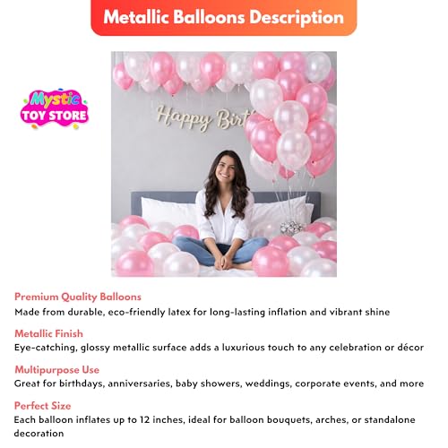 Image of 50 Pcs Pink White Metallic Chrome Balloons for Birthday Decoration Items Anniversary Baby Shower Girls Year With Latex Transparent Metallic Balloon Happy Birthday Decoration Set Kit Combo