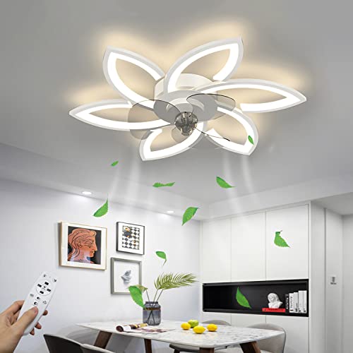Moderno ventilador de techo con diseño de flor integrado de 72 W, ventilador silencioso, luz LED, luz de techo regulable, para sala de estar, comedor, dormitorio, color blanco, 78 cm