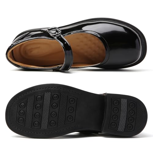 Image of Women Black Mary Jane Flats Non Slip Comfort Office Work Dress School Shoes | OKJ Women's mary janes flat Platform Comfortable maryjane patent leather Dressy Round Toe chunky Cute Shoes