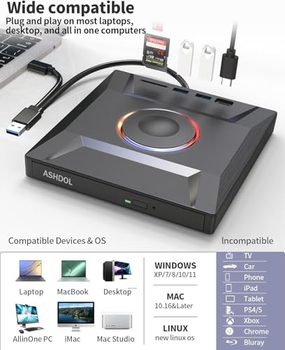 Image of External CD DVD Drive,7 in 1 USB 3.0 and Type-C Disc Reader Writer Burner Player,Slim and Portable CD DVD + /-RW Optical Drive for PC Laptop Desktop MacBook Mac Windows Linux OS Apple