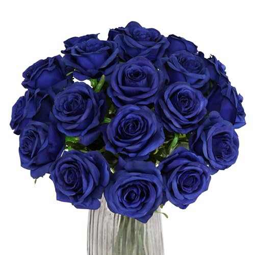 Blue Fake Roses Artificial Flowers - 10 Pcs Fake Artificial Roses Silk Flowers with Stems for Home Wedding Hotel Office Centerpiece Decor（Navy Blue）